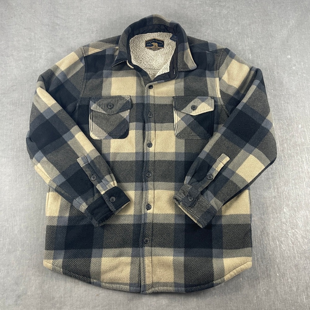 Freedom Foundry Men L Tan Black Plaid Fleece Sherpa Lined Shirt Jacket Shacket